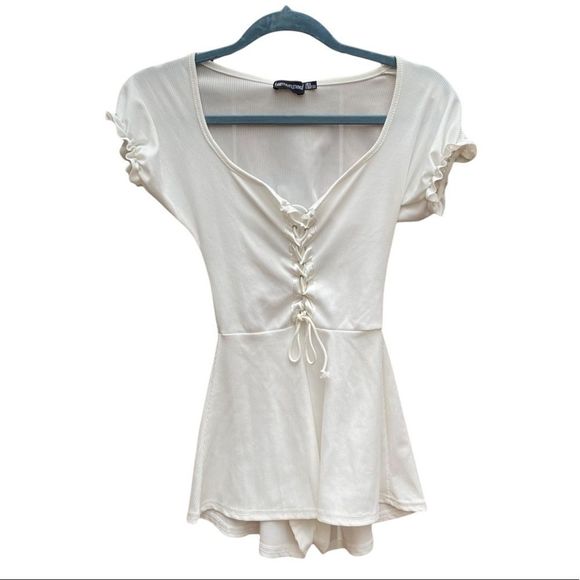 Pretty little thing White Puff Sleeve Loose Fit Romper NWT size 0 - Picture 5 of 11